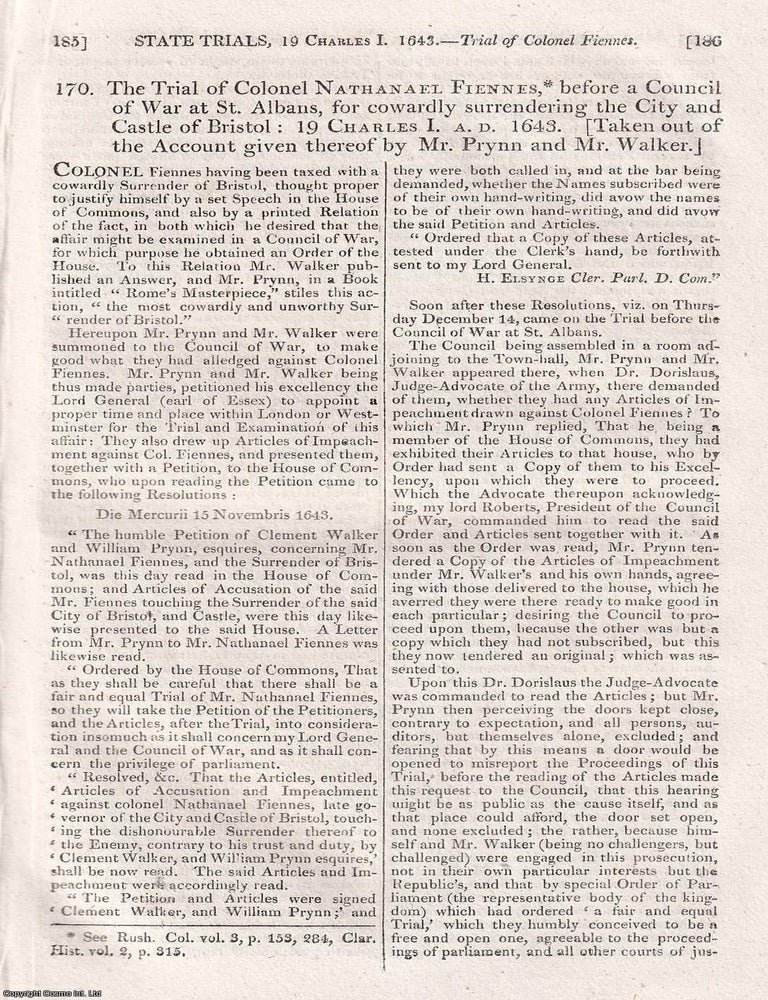 Item #373763 The Trial of Colonel Nathanael Fiennes, before a Council of War at St Albans, for...