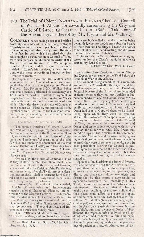Item #373763 The Trial of Colonel Nathanael Fiennes, before a Council of War at St Albans, for...