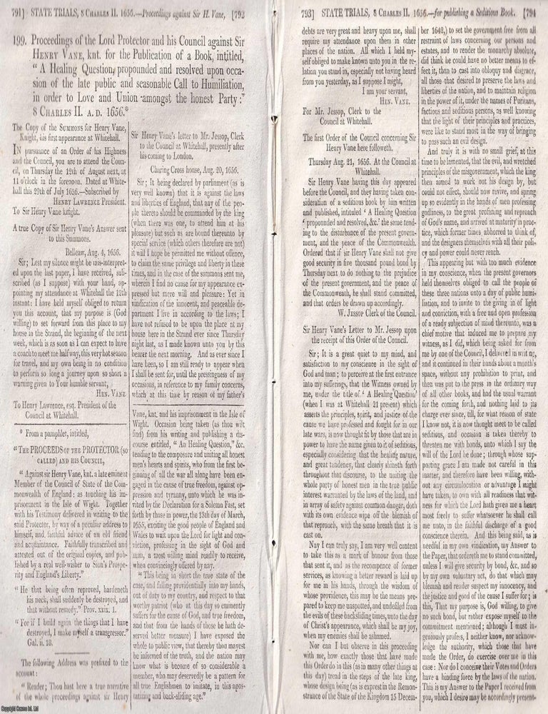 Item #373769 Proceedings of The Lord Protector and His Council against Sir Henry Vane, knt. for...