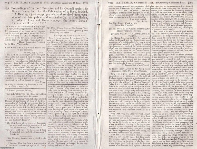 Item #373769 Proceedings of The Lord Protector and His Council against Sir Henry Vane, knt. for...