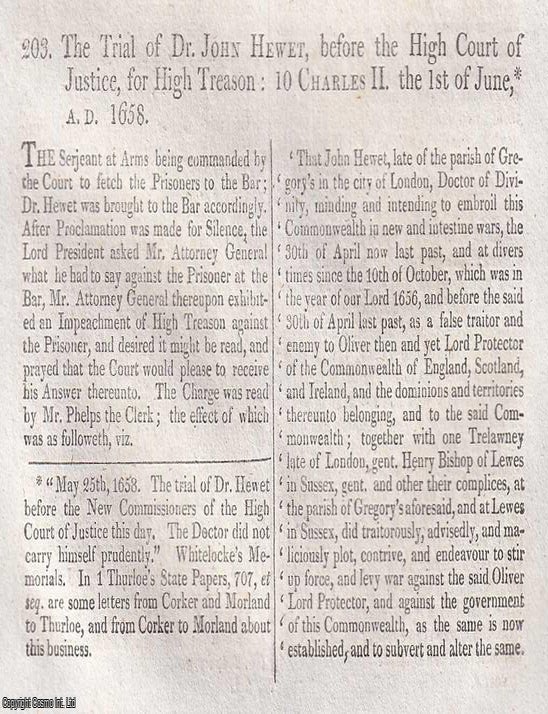 Item #373771 The Trial of John Hewet, before the High Court of Justice, for High Treason, 1658....