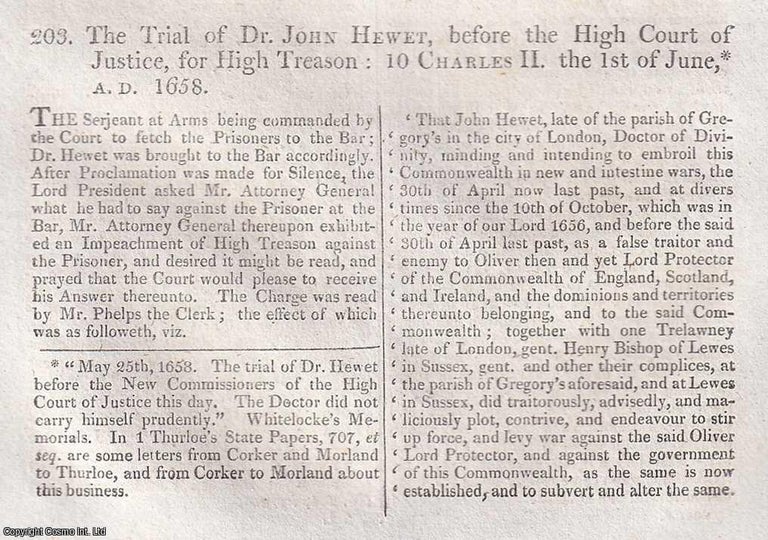 Item #373771 The Trial of John Hewet, before the High Court of Justice, for High Treason, 1658....