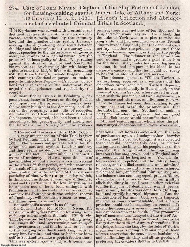 Item #373789 Case of John Niven, Captain of The Ship Fortune of London, For Leasing Making...