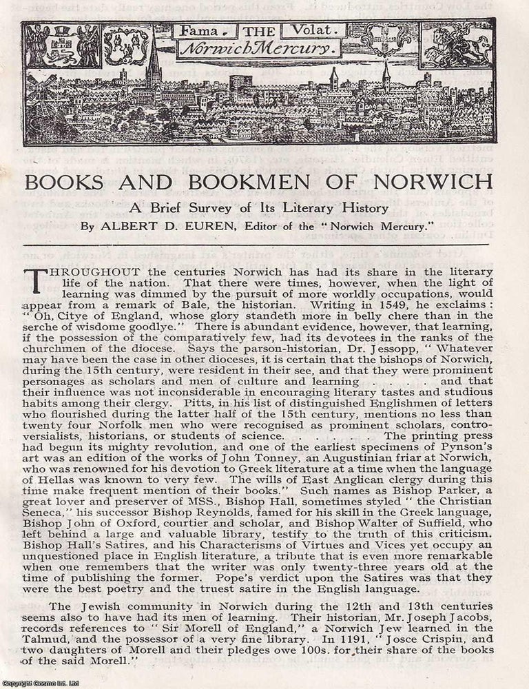 Item #373870 Books and Bookmen of Norwich. 9 pages. An article printed in 1913, written by Albert...