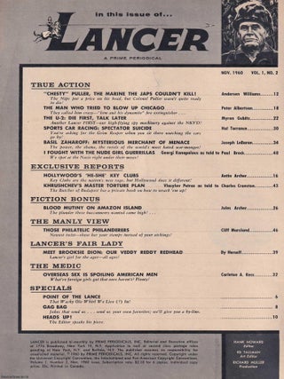 Lancer Magazine, Vol 1, #2, Nov 1960 : Chesty Puller, U-2 Spy Planes, Basil Zaharoff, Hollywood's He-She Clubs, Brooksie Dion, and lots more. See pictures for full content details.