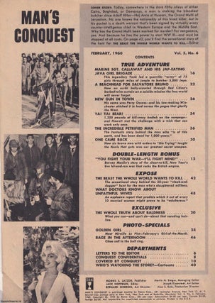 Man's Conquest Magazine, Vol 5, #6, Feb 1960 : Marine Sgt. Callaway and his Jap-Eating Java Girl Brigade, Sheriff Perry Owens, Mireille Le Plat, , and lots more. See pictures for full content details.