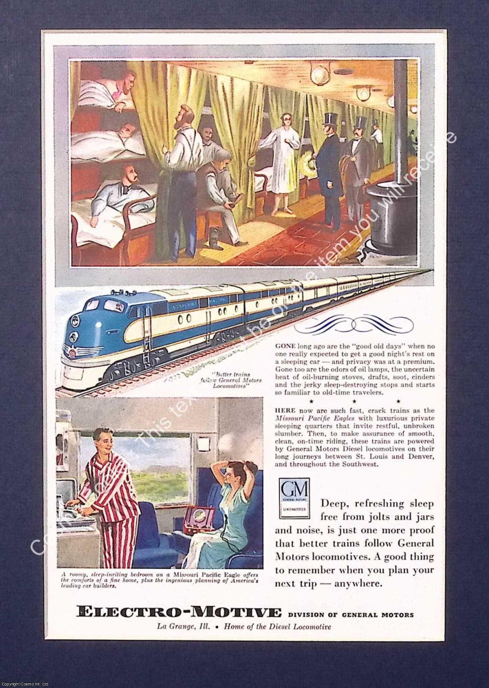 Item #374756 GM Diesel Comfort on the Missouri Pacific Eagle, c.1948. An original page, not a...