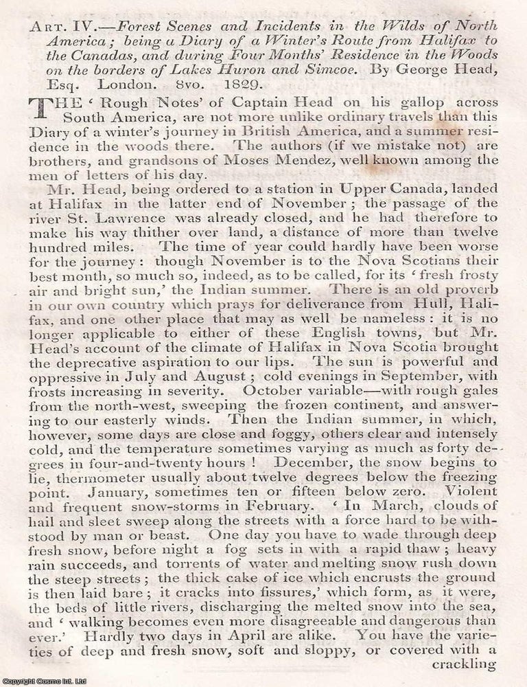 Item #374976 The Wilds of North America; A Diary of a Winter&rsquo;s Route from Halifax to the Canadas. An article printed in 1830, written by Robert Southey : 10 pages. A WINTER PASSAGE THROUGH THE NORTHERN FORESTS OF BRITISH AMERICA.