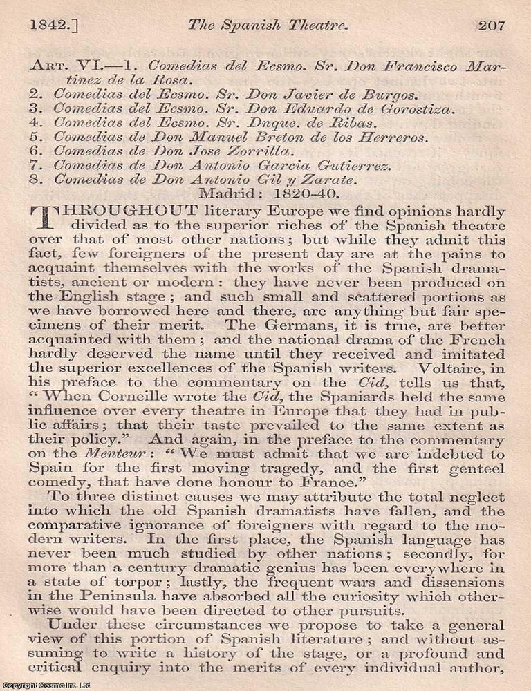 Item #374982 The Spanish Theatre; Spanish Comedies, with Plot Summaries and Excerpts. An article printed in 1842, written by Dr. Lazeu : 32 pages. CUSTOM STAGES OF SPAIN: COMEDY, THEATRICAL TRADITION.