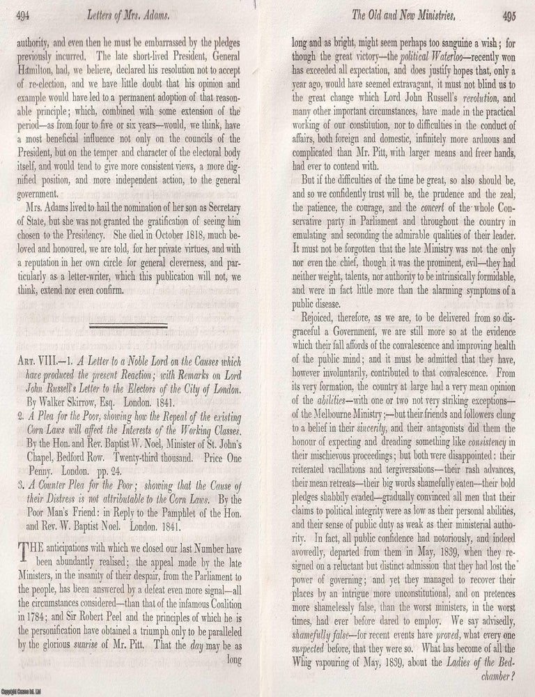 Item #374995 The Politics of the Early 1840s; The Old and New Ministries. An article printed in 1841, written by John Wilson Croker : 40 pages. SHIFTING CABINETS: A. STUDY OF BRITAIN&rsquo;S CHANGING MINISTRIES.