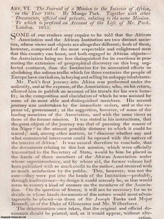 Mungo Park&rsquo;s Journal of a Mission to the Interior of Africa. An article printed in 1815, INTO THE AFRICAN INTERIOR: REFLECTIONS.
