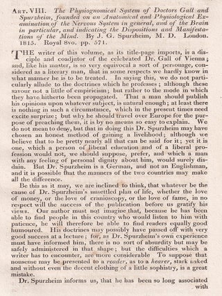 Gall and Spurzheim&rsquo;s Physiognomical System; Founded on the Anatomy and Physiology of the Nervous System, Particularly the Brain, Indicating the Disposition and Manifestations of the Mind. An article printed in 1815, written by William Rowe Lyall : 25 pages.