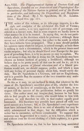 Gall and Spurzheim’s Physiognomical System; Founded on the Anatomy and Physiology of the Nervous System, Particularly the Brain, Indicating the Disposition and Manifestations of the Mind. An article printed in 1815, written by William Rowe Lyall : 25 pages.