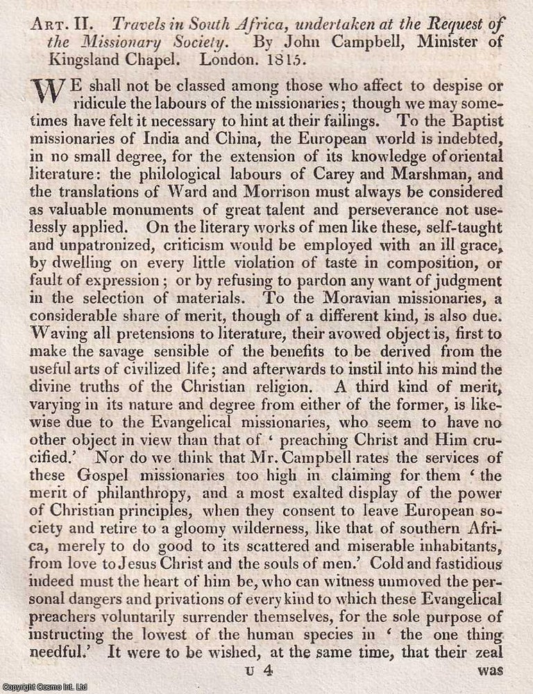 Item #375007 Missionary Travels in South Africa, by John Campbell. An article printed in 1815, written by John Barrow : 32 pages. ACROSS SOUTHERN AFRICA: CAMPBELL&rsquo;S MISSIONARY OBSERVATIONS, ENCOUNTERS.