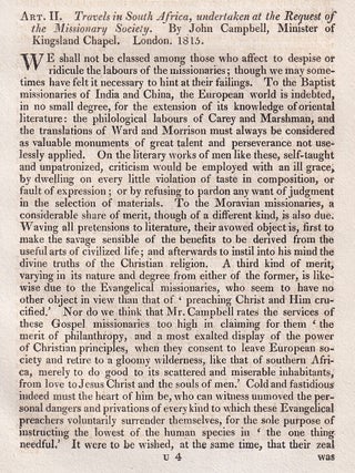 Missionary Travels in South Africa, by John Campbell. An article printed in 1815, written by John Barrow : 32 pages.