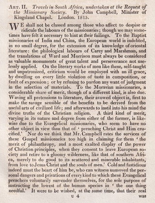 Missionary Travels in South Africa, by John Campbell. An article printed in 1815, written by John Barrow : 32 pages.