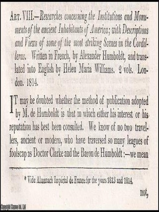 Humboldt&rsquo;s American Researches; South American Monuments and Their Inscriptions. An article. HUMBOLDT IN THE AMERICAS: STUDIES.