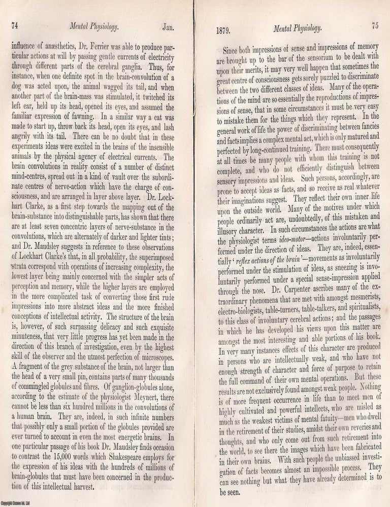 Item #375021 Mental Physiology : A scientific exploration of mind and body, revealing how Victorian thinkers linked thought, sensation, and the machinery of the brain. An article printed in 1879, written by R.J. Mann : 25 pages. BODY MIND, THE VICTORIANS.
