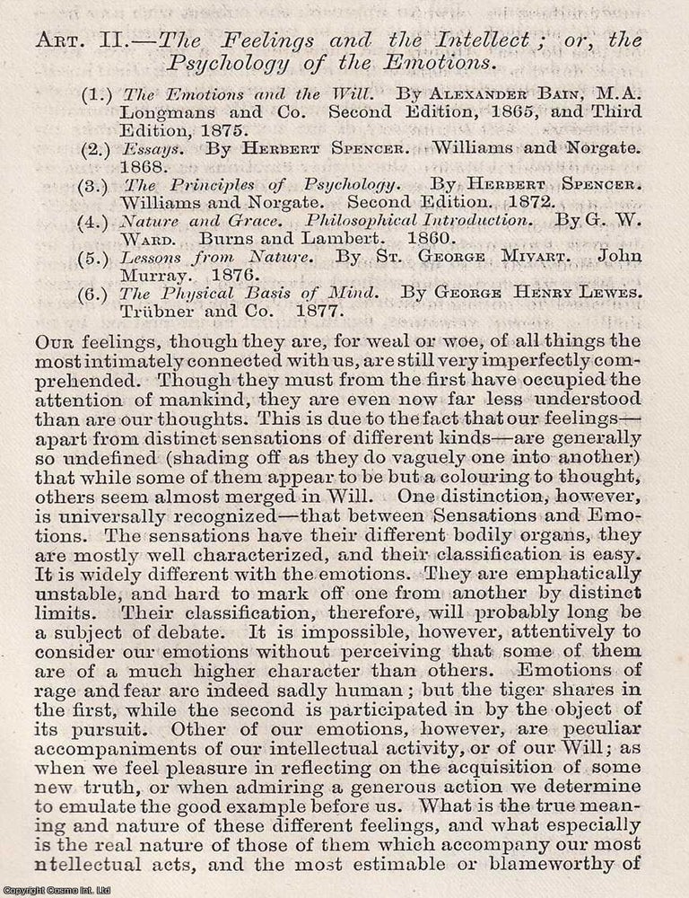 Item #375024 The Feelings and the Intellect; The Psychology of the Emotions : A 19th century investigation into the workings of the mind, tracing how thought and passion shape human behaviour. An article printed in 1879, written by a British Quarterly Review contributor : 35 pages. HOW EMOTION, INTELLECT SHAPE THE HUMAN EXPERIENCE.