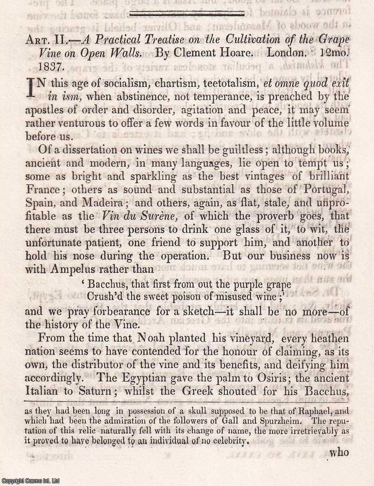 Item #375027 Hoare on the Cultivation of the Vine : A 19th century guide to viticulture, revealing how British growers adapted ancient practices to northern soils. An article printed in 1840, written by W.J. Broderib : 16 pages. CULTIVATING THE VINE: ANCIENT PRACTICE IN A. NORTHERN CLIMATE.