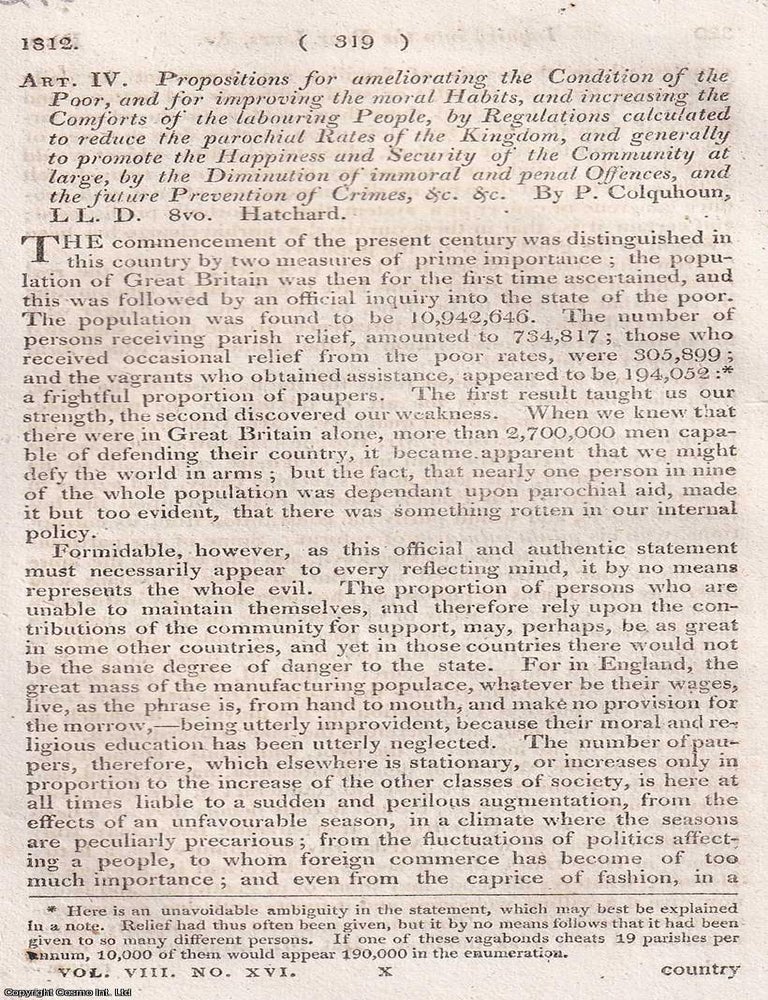 Item #375035 Inquiry into the Poor Laws : A Victorian proposal for improving the condition of the poor, summarising Colquhoun&rsquo;s influential ideas on relief, labour, and social order. An article printed in 1812, written by Robert Southey : 37 pages. RELIEF RETHINKING POVERTY, THE STRUCTURE OF SOCIETY.