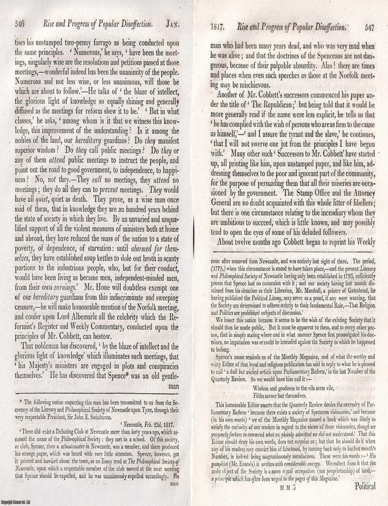 Item #375038 Rise and Progress of Popular Disaffection : An early 19th century inquiry into the roots of political unrest. An article printed in 1817, written by Robert Southey : 42 pages. UPRISINGS SECRET COMMITTEES, THE MAKING OF REVOLUTIONARY SENTIMENT.