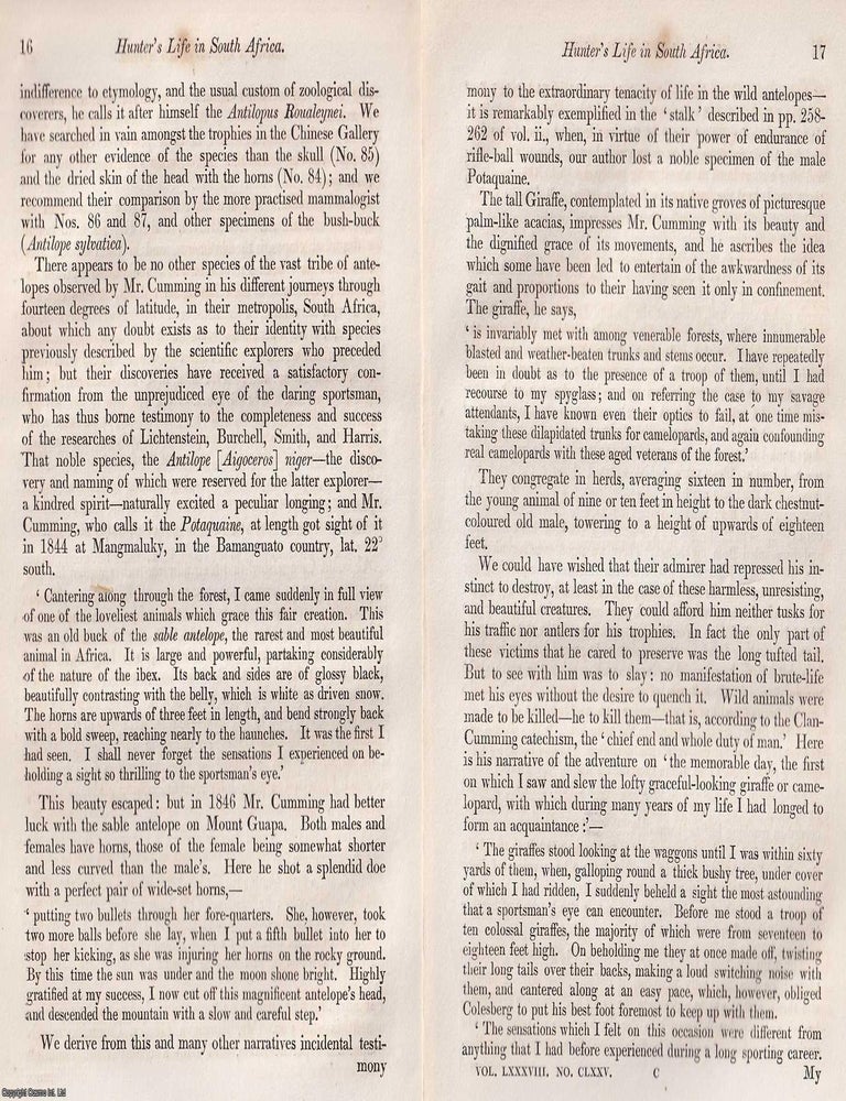 Item #375040 A Hunter&rsquo;s Life in South Africa : an account of frontier travel, wildlife, and the harsh realities of early colonial hunting. An article printed in 1850, written by Richard Owen : 40 pages. WILDLIFE ENCOUNTERS, HARDSHIP IN EARLY SOUTH AFRICA.