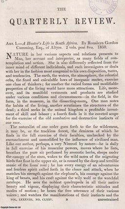 A Hunter’s Life in South Africa : an account of frontier travel, wildlife, and the harsh realities of early colonial hunting. An article printed in 1850, written by Richard Owen : 40 pages.