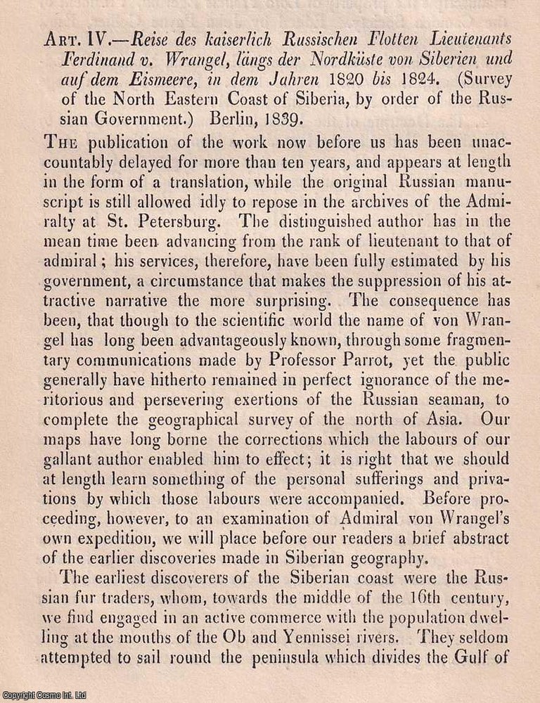 Item #375049 Russian Survey of North-Eastern Siberia : a charting of remote coasts, climate, and imperial ambition at the empire&rsquo;s edge. An article printed in 1840, written by an unstated writer : 33 pages. SURVEY OF SIBERIA&rsquo;S NORTH-EASTERN COAST.