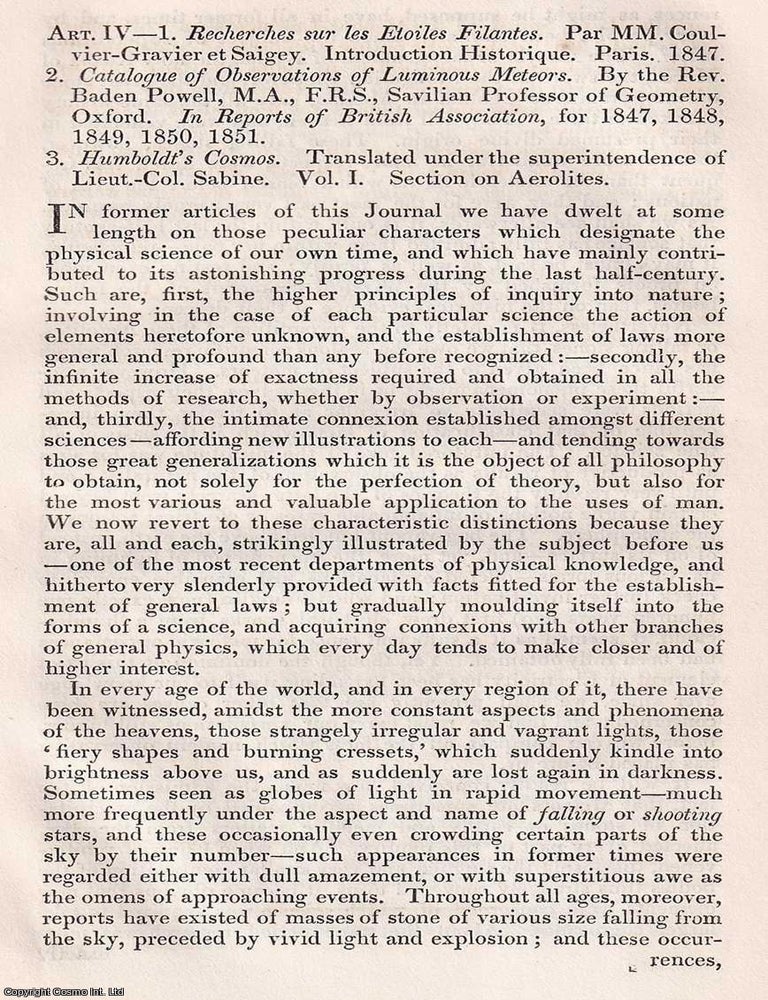 Item #375056 Meteors, Aerolites, Shooting Stars. An article printed in 1852, written by Henry Holland : 29 pages. VICTORIAN CURIOSITY ABOUT CELESTIAL PHENOMENA.