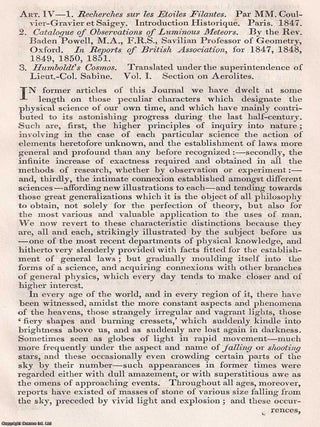 Meteors, Aerolites, Shooting Stars. An article printed in 1852, written by Henry Holland : 29 pages. VICTORIAN CURIOSITY ABOUT CELESTIAL PHENOMENA.