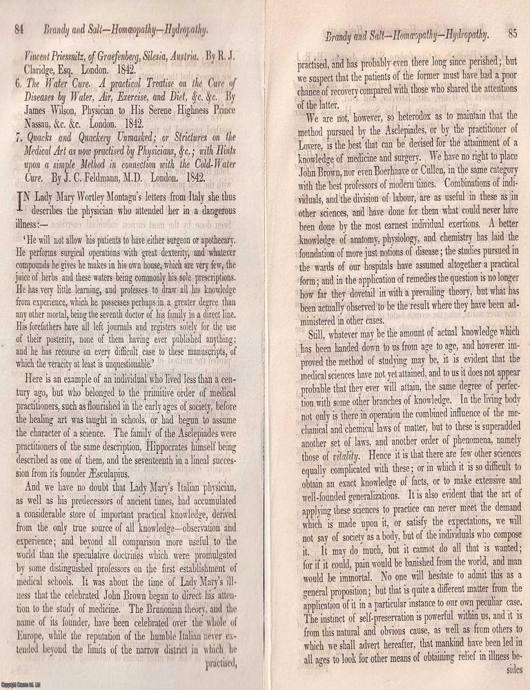 Item #375057 Brandy and Salt in Homeopathy and Hydropathy. An article printed in 1842, written by...