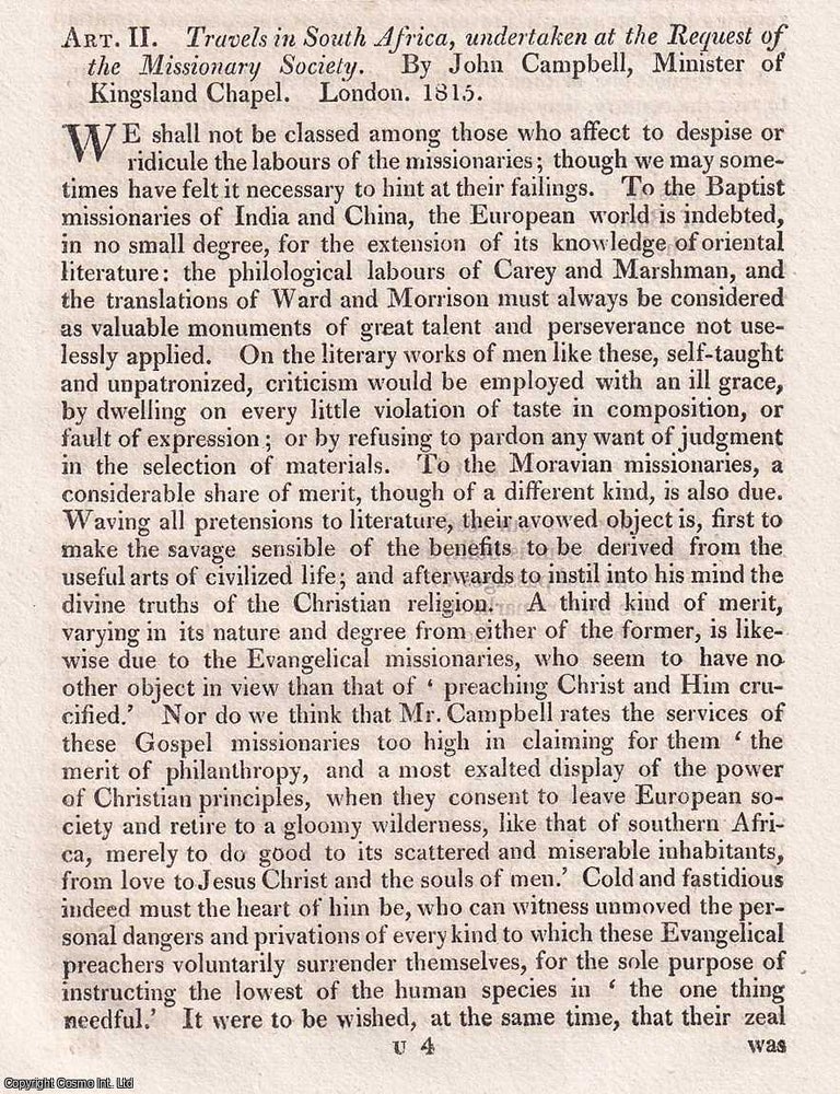 Item #375058 Missionary Travels in South Africa, by John Campbell, Minister of Kingsland Chapel....