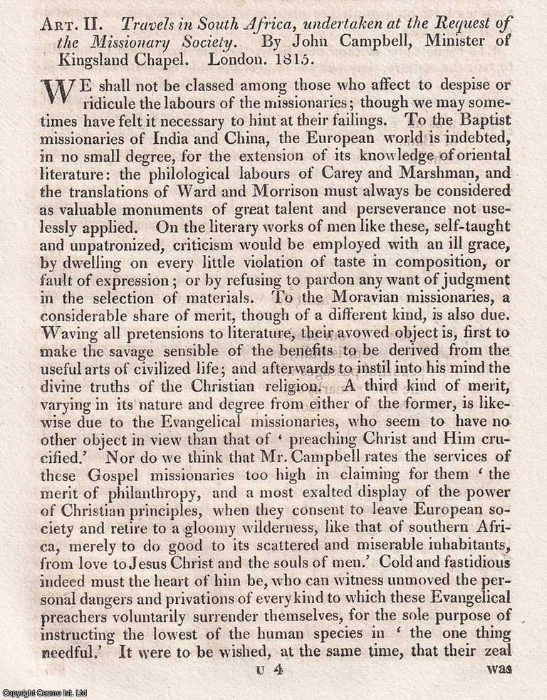 Item #375058 Missionary Travels in South Africa, by John Campbell, Minister of Kingsland Chapel....