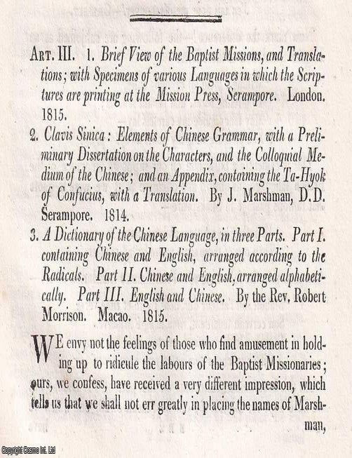 Item #375062 Missionary Chinese Works; Baptist Mission publications including Chinese Dictionary and Grammar. An article printed in 1816, written by John Barrow : 27 pages. GRAMMARS EARLY CHINESE MISSIONARY WORKS : DICTIONARIES, TRANSLATION.