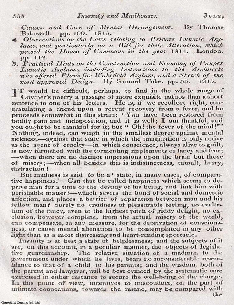 Item #375063 Insanity and Madhouses; the causes and treatment of insanity and the need for better regulation of madhouses in England. An article printed in 1816, written by David Uwins : 30 pages. AN INQUIRY INTO INSANITY, MADHOUSES.