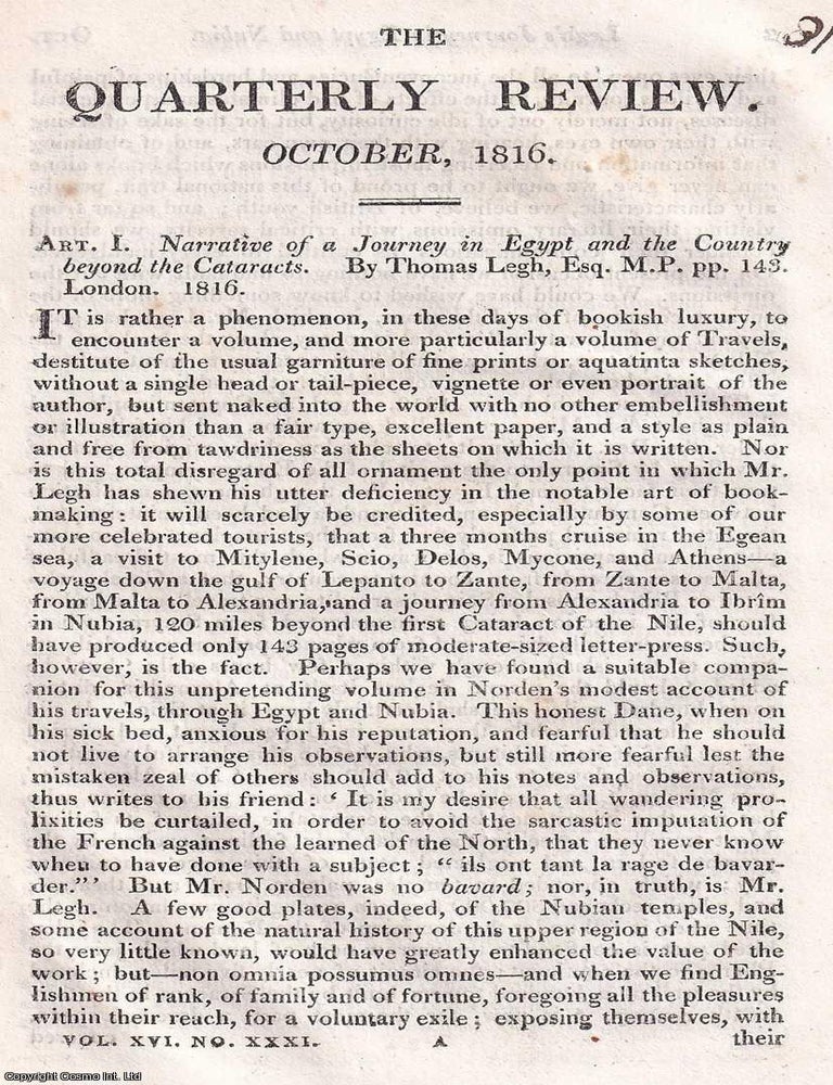 Item #375064 Legh's Narrative of a Journey in Egypt and Nubia. An article printed in 1816, written by John Barrow : 27 pages. DESERTS ANTIQUITIES, THE NILE&rsquo;S ANCIENT WORLD.