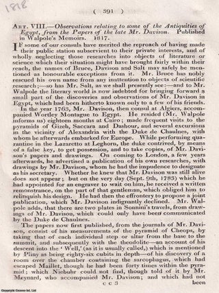 Antiquities of Egypt; Observations from the Papers of the late Mr. Davison. An article printed in 1818, written by John Barrow : 34 Pages.