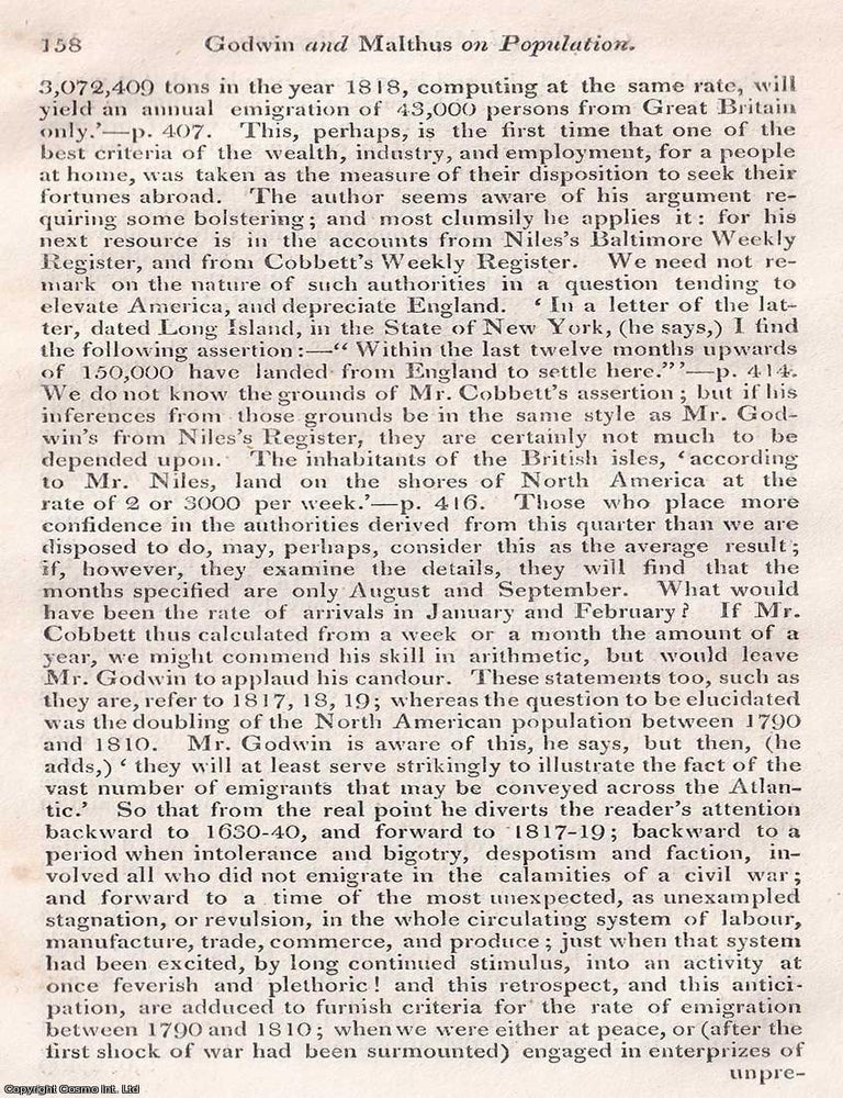 Item #375074 Godwin and Malthus on Population; their respective arguments. An article printed in...