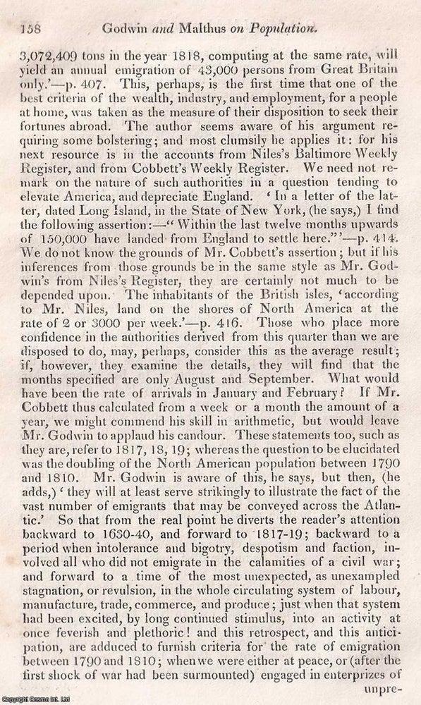 Item #375074 Godwin and Malthus on Population; their respective arguments. An article printed in...