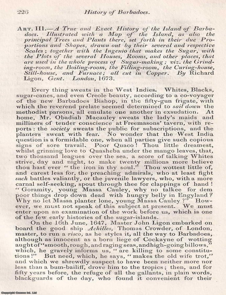 Item #375089 History of Barbadoes. West Indies Slavery. Excerpts from a seventeenth century account. An article printed in 1826, written by an unnamed Retrospective Review contributor : 30 pages. PLANTATION LIFE SLAVERY, THE EARLY WEST INDIES.