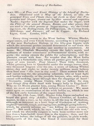 History of Barbadoes. West Indies Slavery. Excerpts from a seventeenth century account. An. PLANTATION LIFE SLAVERY, THE.