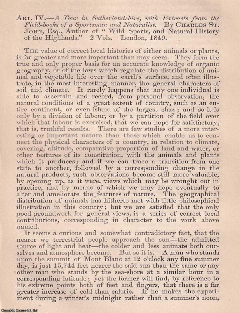 Item #375096 Charles St. John's Tour in Sutherlandshire. An article printed in 1849, written...
