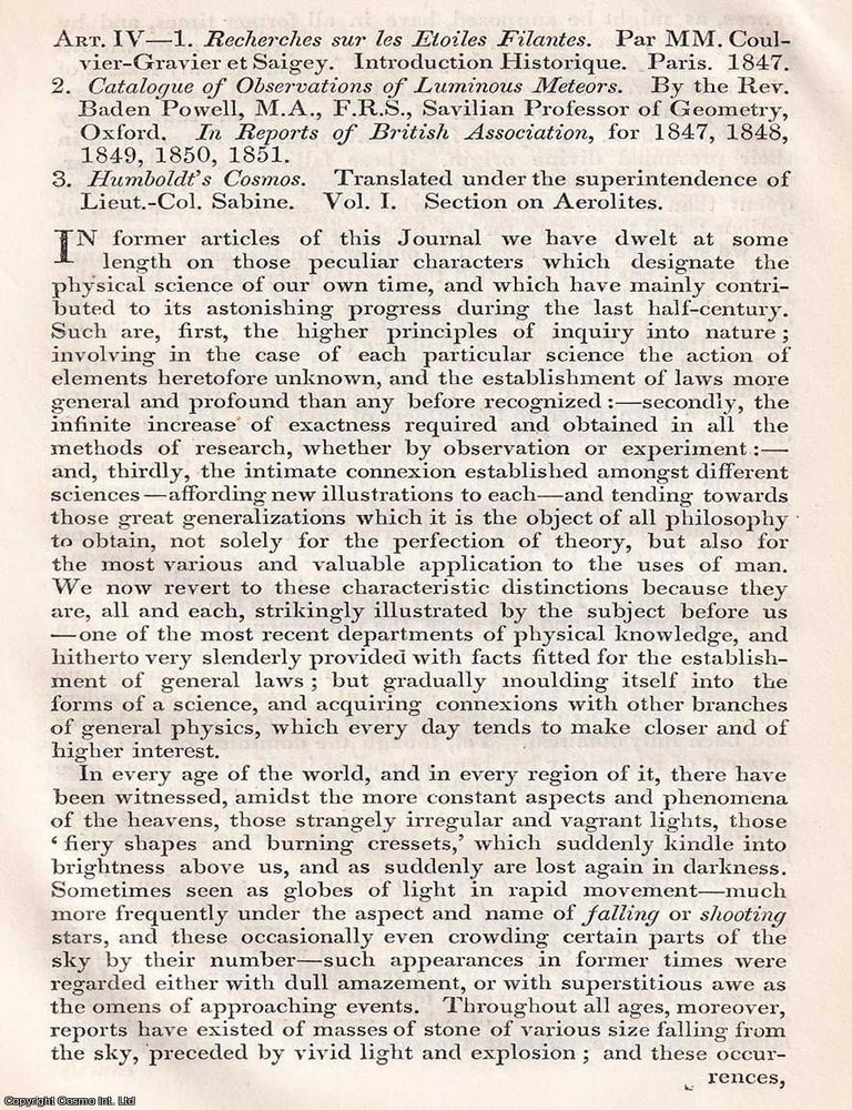 Item #375100 Celestial Visitants : Meteors, Aerolites, and the Philosophy of Falling Stars. An article printed in 1852, written by Henry Holland : 29 pages. METEORS, FALLING STONES IN 1852 : VICTORIAN CURIOSITY ABOUT CELESTIAL VISITATIONS.