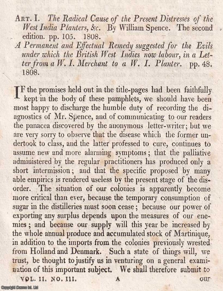 Item #375103 Pamphlets on West Indian Affairs; the critical economic situation in the British Colonies. An article printed in 1809, written by George Ellis : 24 pages. COLONIAL POLICY WEST INDIAN AFFAIRS IN 1809 : CRISIS, ECONOMIC DECLINE.