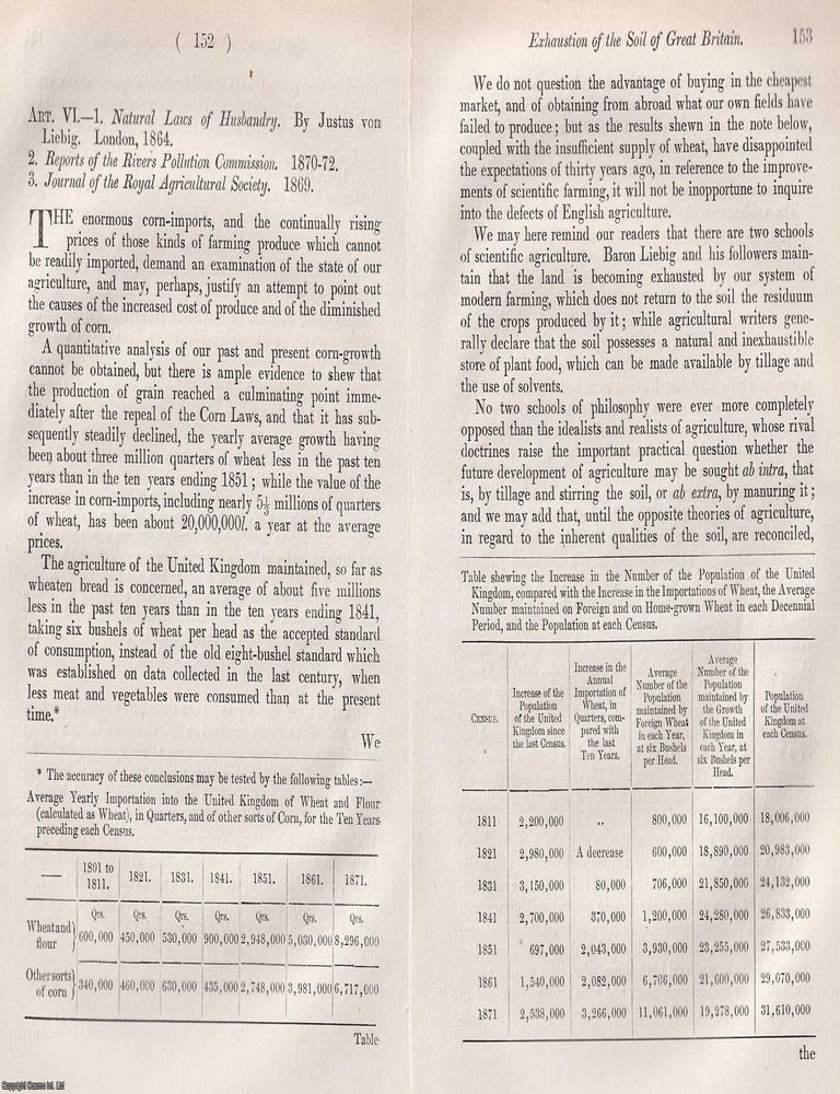 Item #375107 The Exhaustion of British Soil ; Agricultural Decline & the Grain Crisis of the 1870s. An article printed in 1873, written by Henry Evershed : 17 pages. POPULATION PRESSURE WHEAT IMPORTS, LIEBIG'S AGRICULTURAL CHEMISTRY.