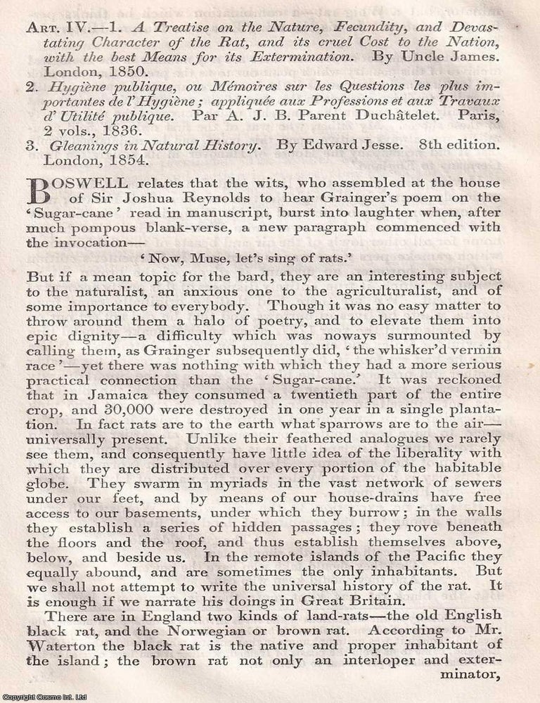 Item #375109 Rats; the common brown rat as found in Britain; his feeding habits, reproduction, etc. An article printed in 1857, written by Andrew Wynter : 18 pages. HABITATS THE BROWN RAT IN 1857 : HABITS, UNWELCOME NEIGHBOUR.