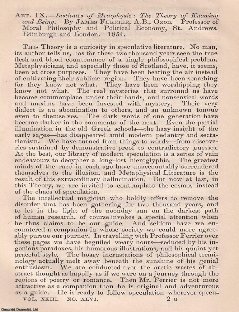 Item #375116 Ferrier's Theory of Knowing and Being, a metaphysical problem. An article...