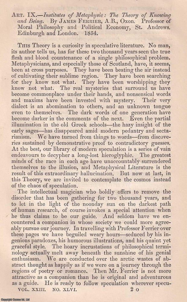 Item #375116 Ferrier's Theory of Knowing and Being, a metaphysical problem. An article...
