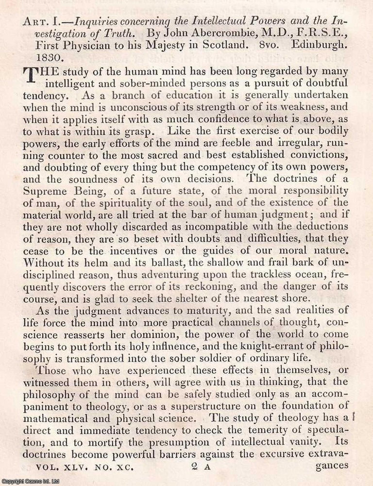 Item #375129 Abercrombie on Dreams: Connexion of Intellectual Operations with Organic Action. An article printed in 1831, written by David Brewster : 17 pages. DREAMS, PHYSIOLOGY THE MIND IN 1831 : ABERCROMBIE ON INTELLECT, SLEEP.